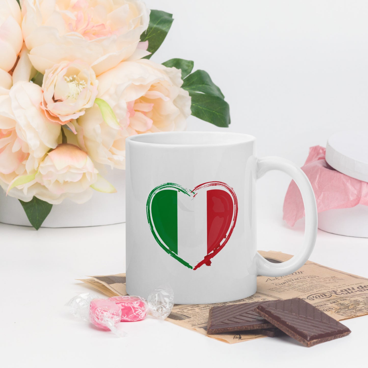 Weiße, glänzende Tasse "Herz Italien"